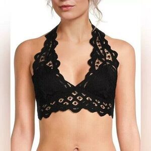 Free People Adella Lace Halter Bralette Womens XS Black